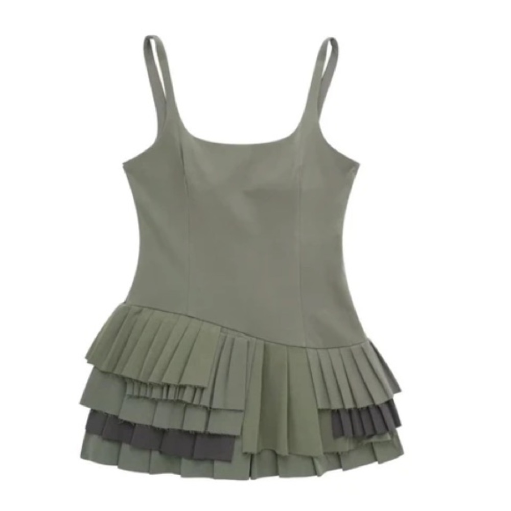ZARA NEW WOMAN SHORT PLAYSUIT DRESS WITH CONTRAST BOX PLEATS KHAKI